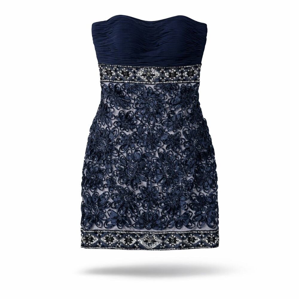 Sue Wong Nocturne Strapless Sweetheart Navy Beaded Lace Cocktail Mini Dress 2 - Picture 2 of 13